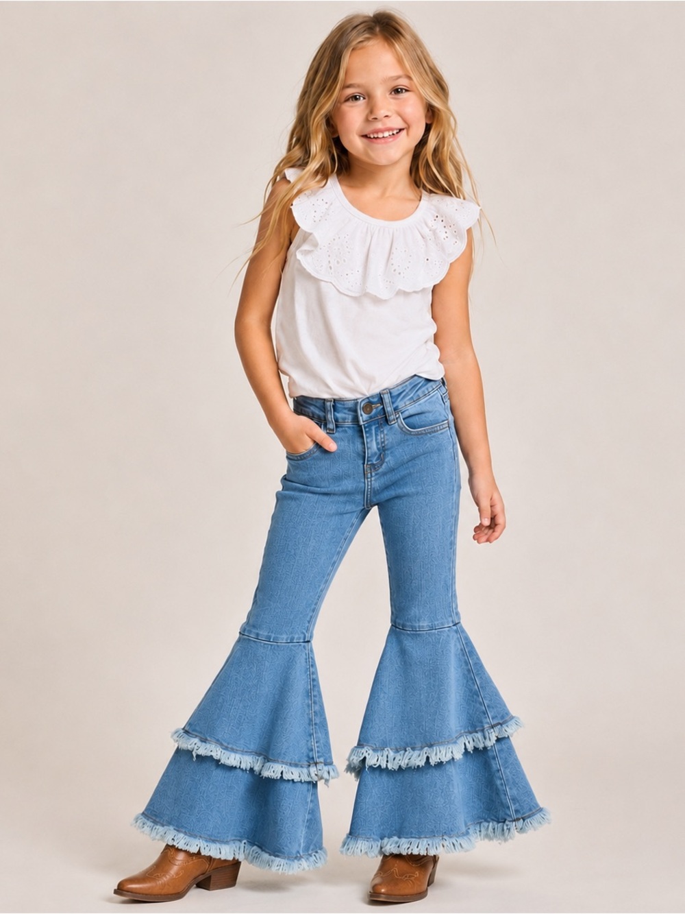 Gogo Star Girls Tiered Bell Bottom Jeans | Light Wash Frayed Hem | Size 6